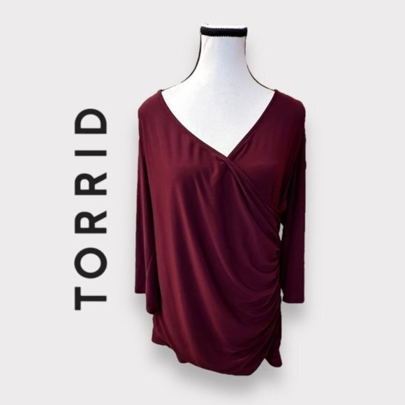 NWOT Women’s Torrid Wine Faux Wrap Open Shoulder Surplice Top 1 1X 1XL - Picture 1 of 9